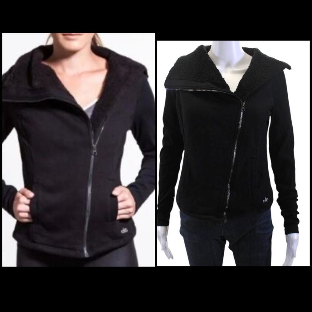 ALO Yoga Tao Black Fleece Lined Asymmetrical Zip Jacket Cozy Activewear Small